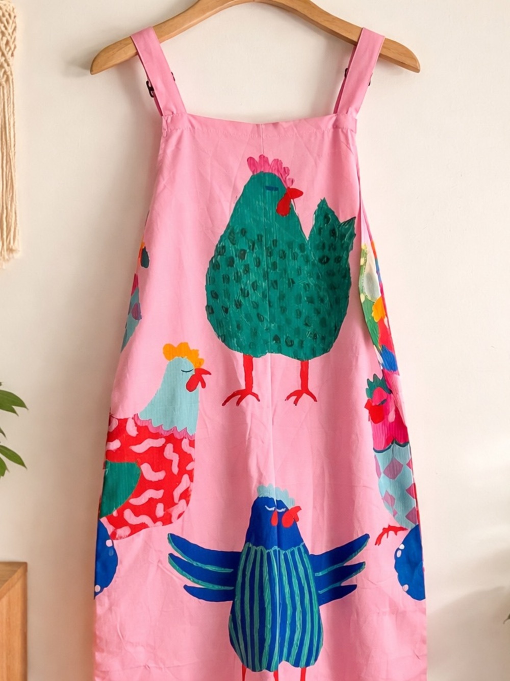 Source Unknown Pink Apron Overalls with Colorful Chicken Prints
